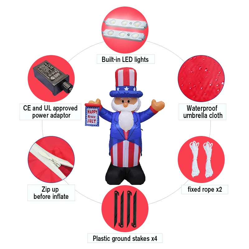 4.9 FT Patriotic Independence Day 4th of July Inflatable Uncle Sam Lighted Blowup Party Decoration for Outdoor Indoor Home Prop