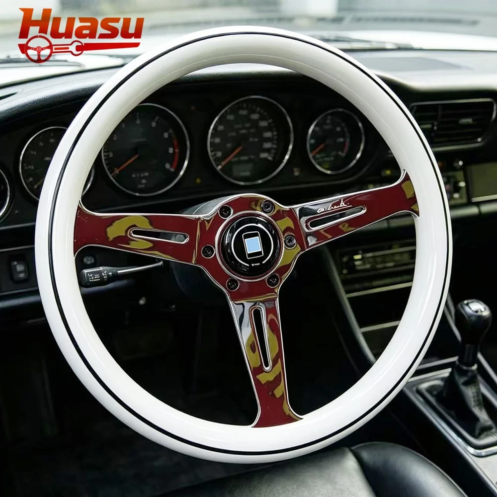 Classic White Steering Wheel 14inch 350mm Small Concave With Polish Aluminum Spoke Universal