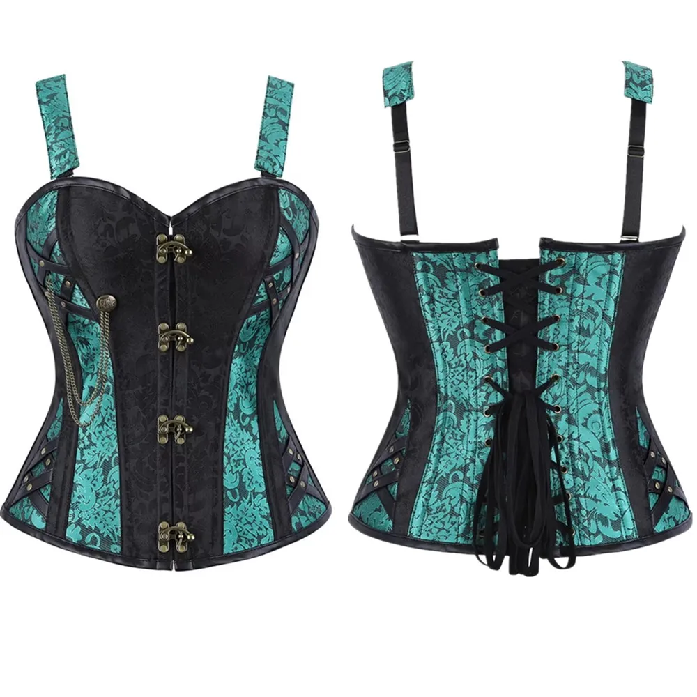 Steampunk Overbust Corset with Removable Shoulder Straps Bustier Women Sexy Retro Gothic Jacquard Lace-up Medieval Corselet Top