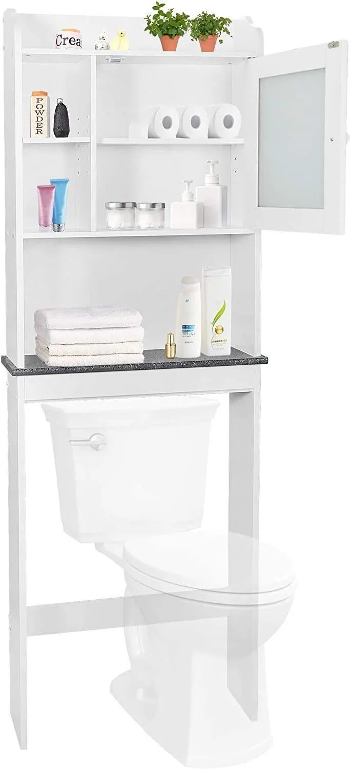 

Over The Toilet Storage Cabinet Bathroom w/Glass Door & Adjustable Shelves White