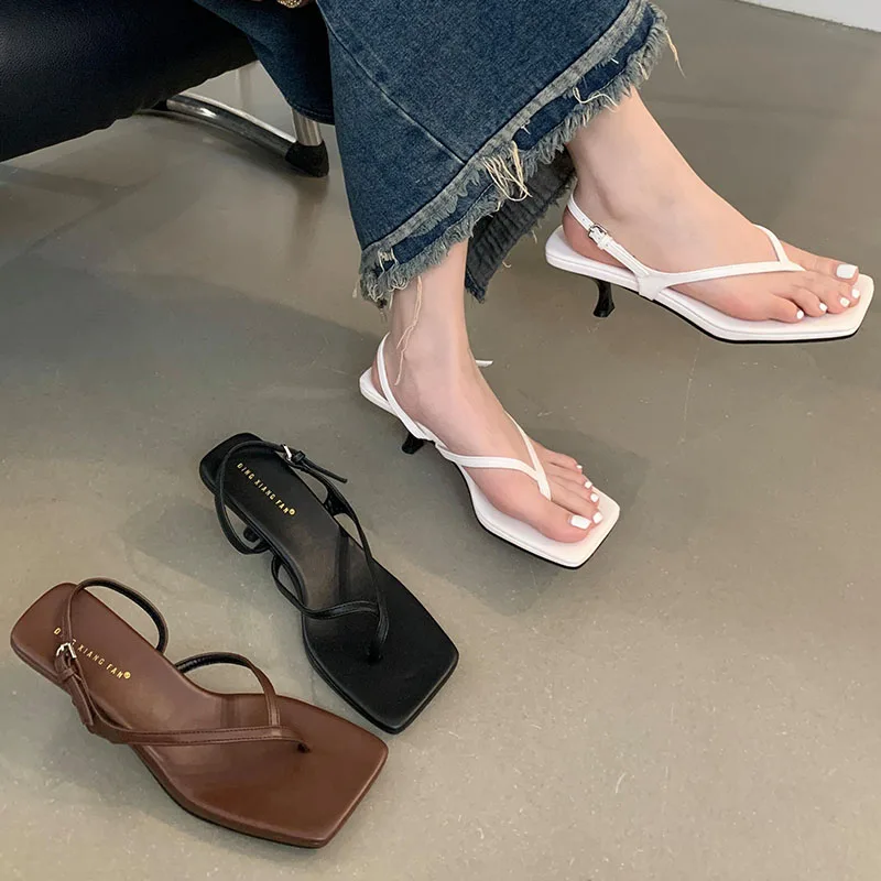 New 2024 Women Heeled Sandals Shoes Flip flops Female Shallow Footwear Fashion Narrow Band Ladies Medium Heels Sandals Slippers