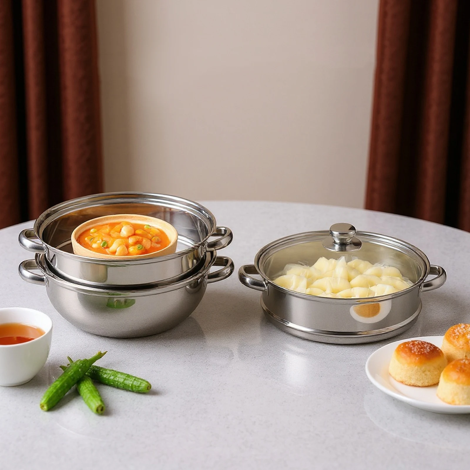 

NEW 3-Tier 28CM Stainless Steel Steamer Food Cooking with Glass Lid, Cookware Steam Pot Set, Silver Hot Pot Steamer Veg Cooker
