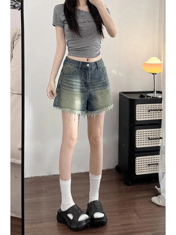 

Женские джинсовые шорты с высокой талией, больших размеров, для фигуры типа «груша», А-силуэт, широкие штанины, повседневные, модные шорты с высокой талией