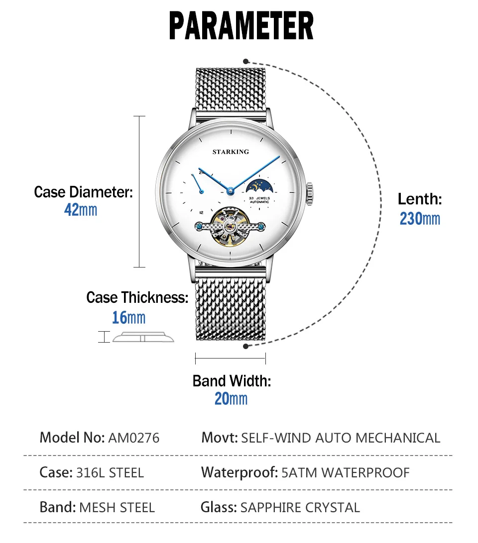 STARKING 316 Steel Case AM0283 Luxury Watches for Men Mechanical Watch Sapphire Glass Stainless Steel 50M Waterproof Men Watch