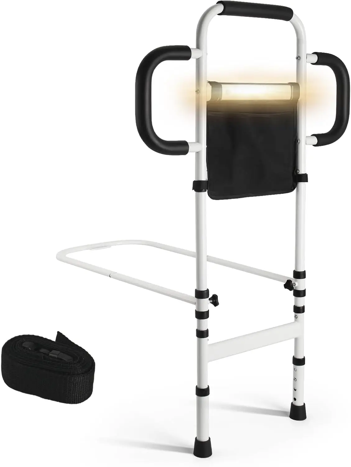 Adjustable Bed Safety Rail with Three Grab Bars and Motion Sensor Light for Elderly Fall Prevention