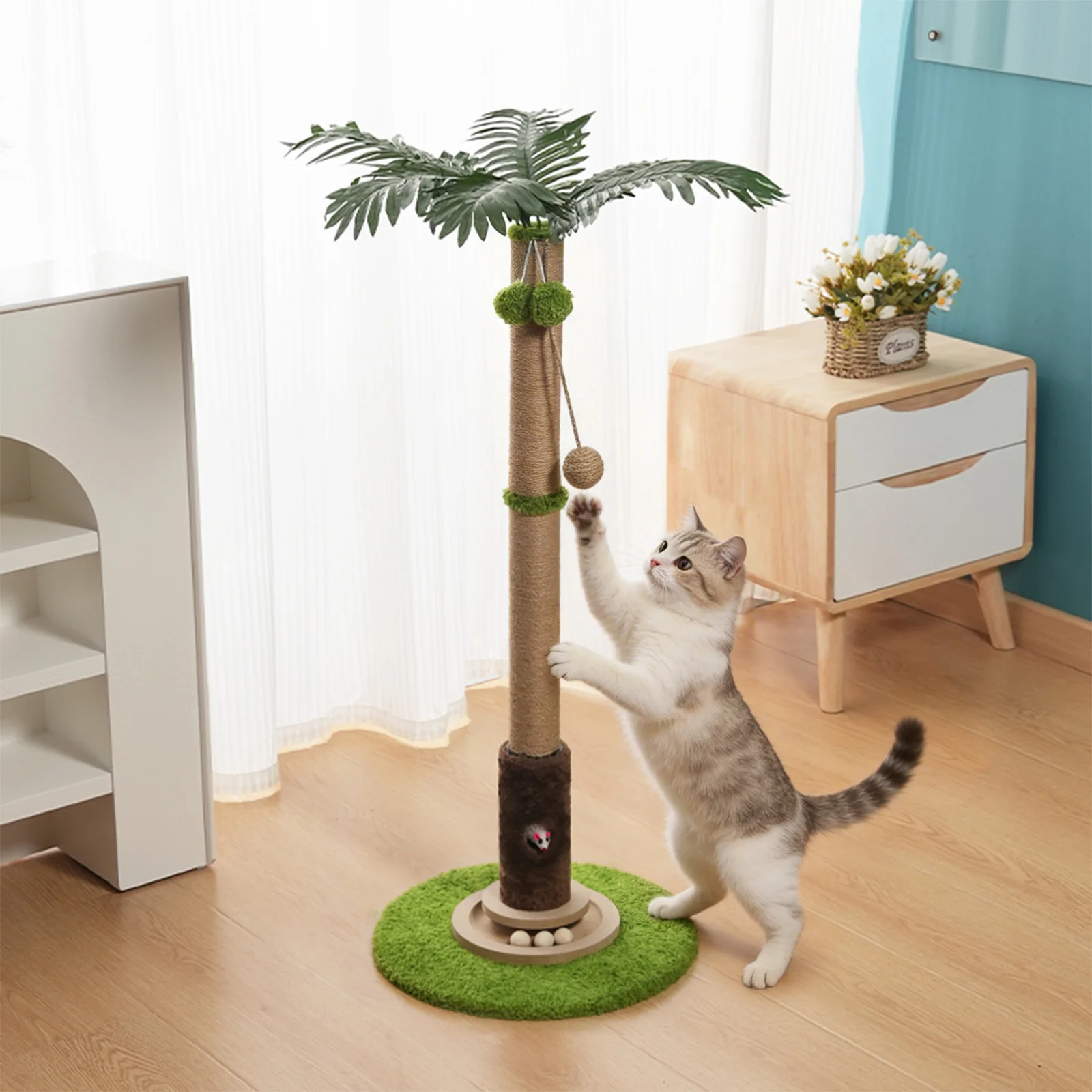 M/L Katzen-Kratzbaum, Kratzpfosten für Katzen mit Rattenloch und Interaktiven Hängenden Bällen, Geeignet für Kätzchen & Katzen