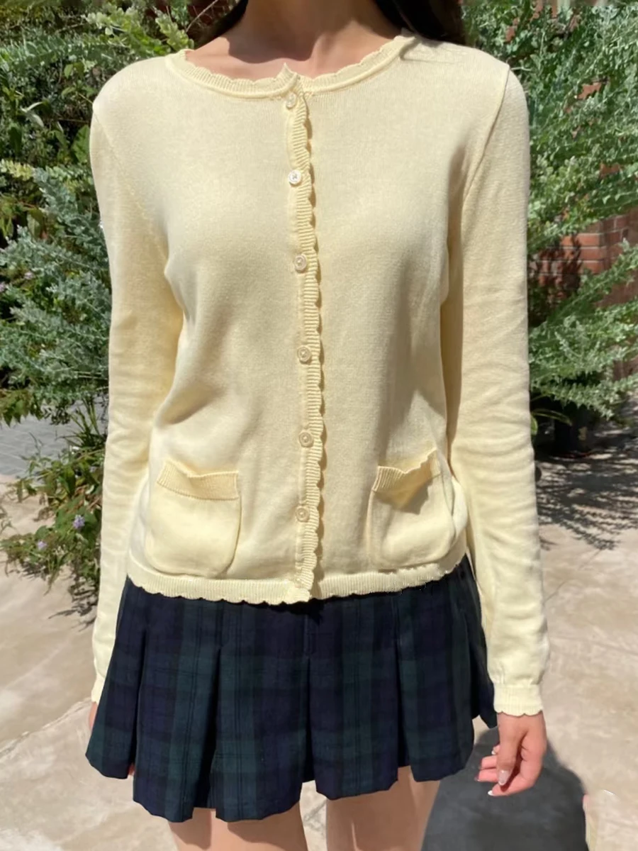 

Pockets Yellow Knitted Cardigan Women Lace Trim O-Neck Cotton Long Sleeve Sweaters Autumn Sweet Preppy Style Knitwear Y2k Tops