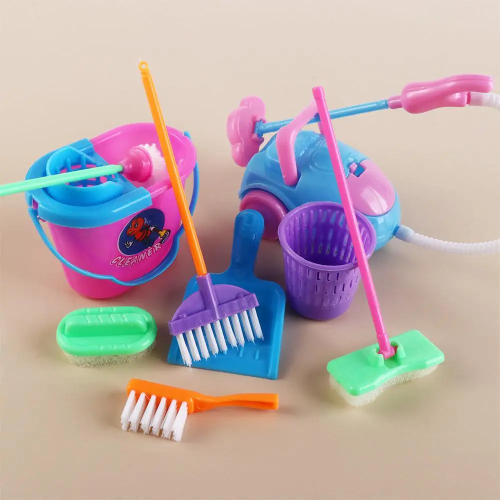 9pcs/set Pretend Play 1:6/1:12 Doll House Furniture Mop Brush DollHouse Household Cleaning Tools Sweep Bathroom