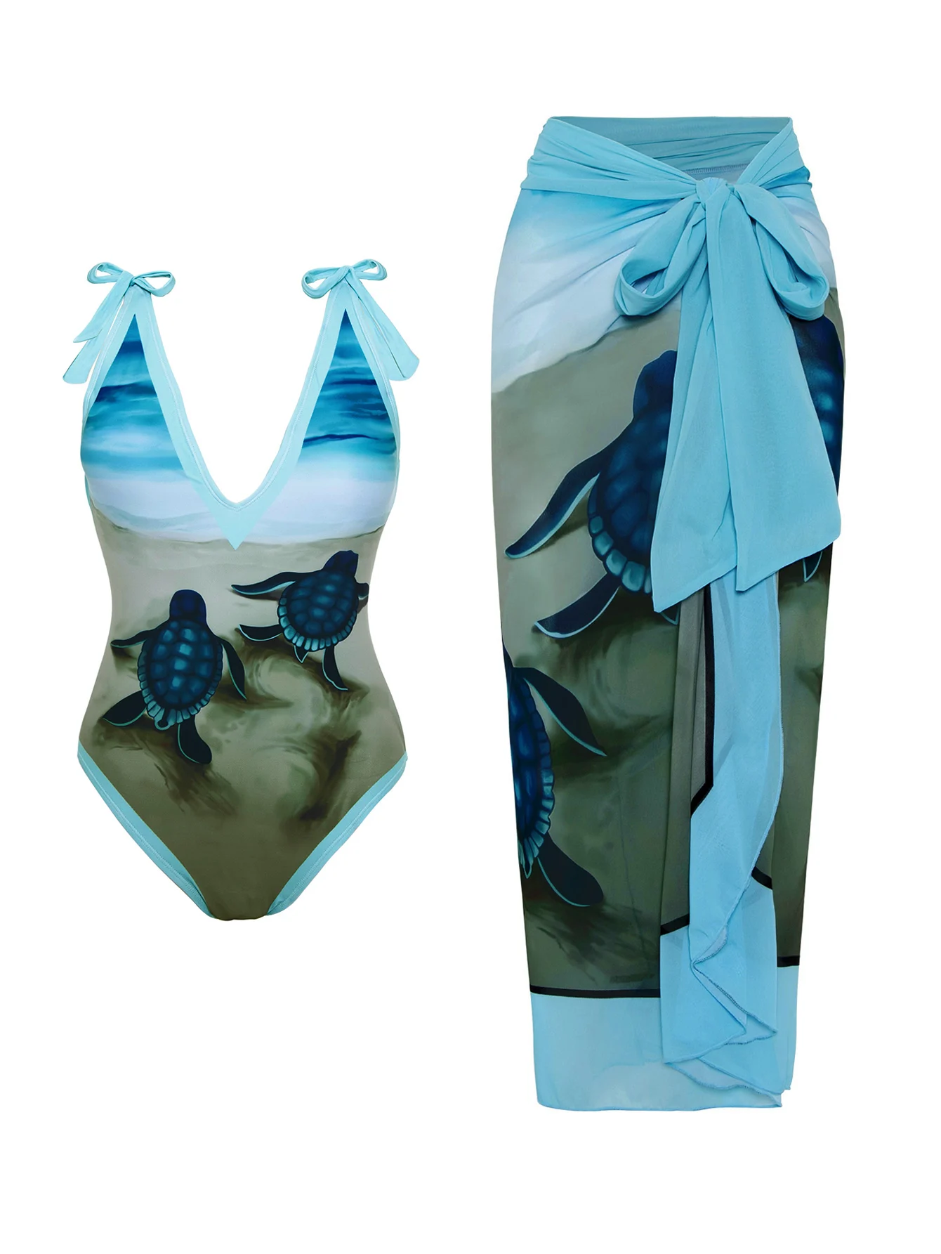 

Женский цельный купальник с верхней юбкой. Голубой дизайн черепахи. V-образный вырез, цельный, с бретелями и завязками на фартуке.