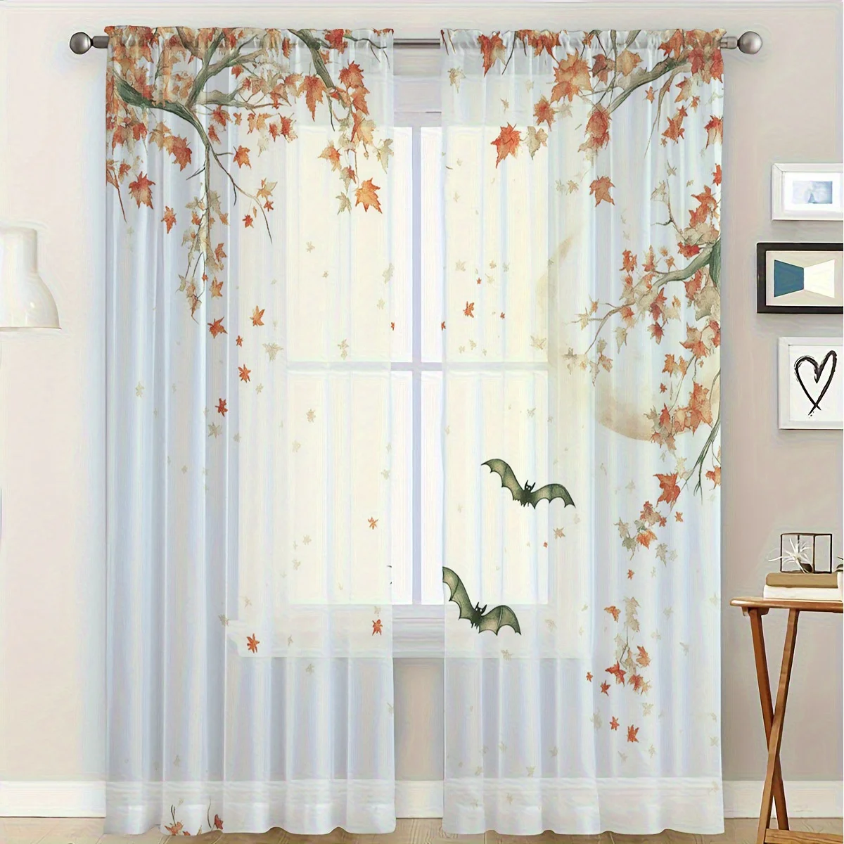2PCS Halloween Fall Sheer Curtains, Maple Leaf Bat Moon, Digital Print, Bedroom Living Room, Rod Pocket Polyester, Home Decor