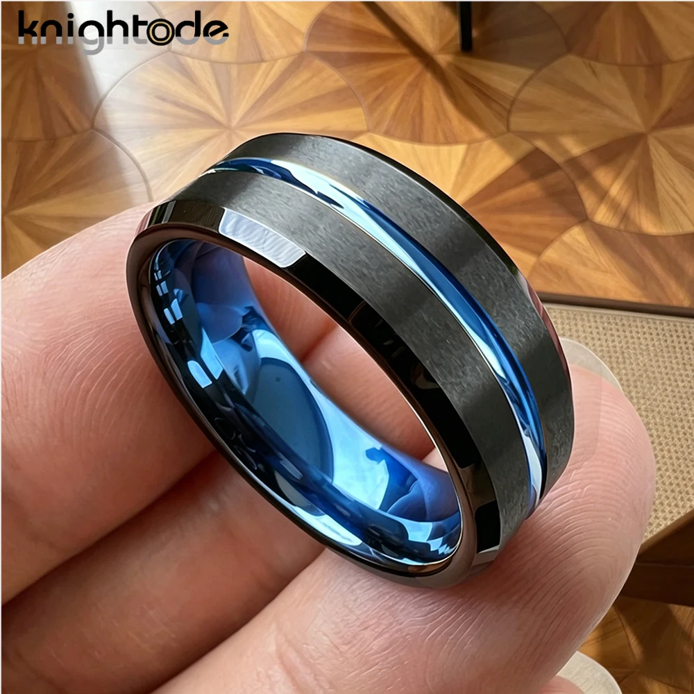 8mm Blue Wedding Ring Men Women Black Tungsten Carbide Engagement Rings Satin Center Grooved Beveled Comfort Fit