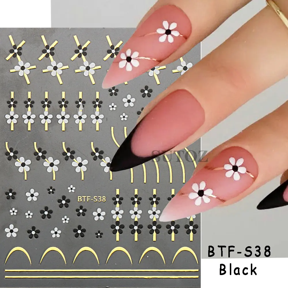 3D Black White Flower Nail Sticker Geometry Golden Wave Lines Nail Art Decals Hibiscus Love Heart Design Y2K Manicure LEBBTF-S37