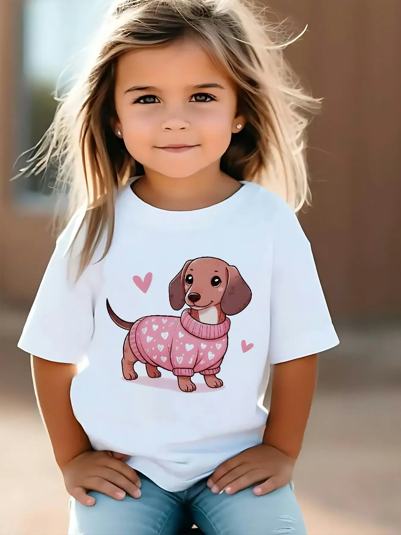 Girls' T-Shirt Cute Printed Round Neck Top Heart-Shaped Dachshund Sports Short-Sleeve 2026 Fashion Pure Cotton Breathable Top