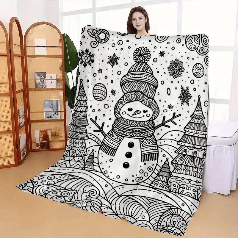 1pc 2D Flat Hand-drawn Snowman Coloring Blanket, Winter Snow Scene DIY Print,Soft Sofa Throw,Adult Gift,Multiple Sizes Available