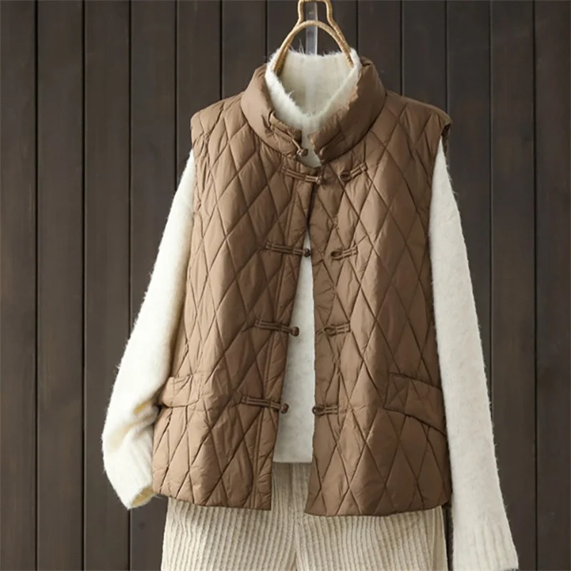 

New Autumn Winter Women Frog Down Waistcoat Jacket Warm Light Thin White Duck Down Vest Coat Parkas Female Short Sleeveless Tank