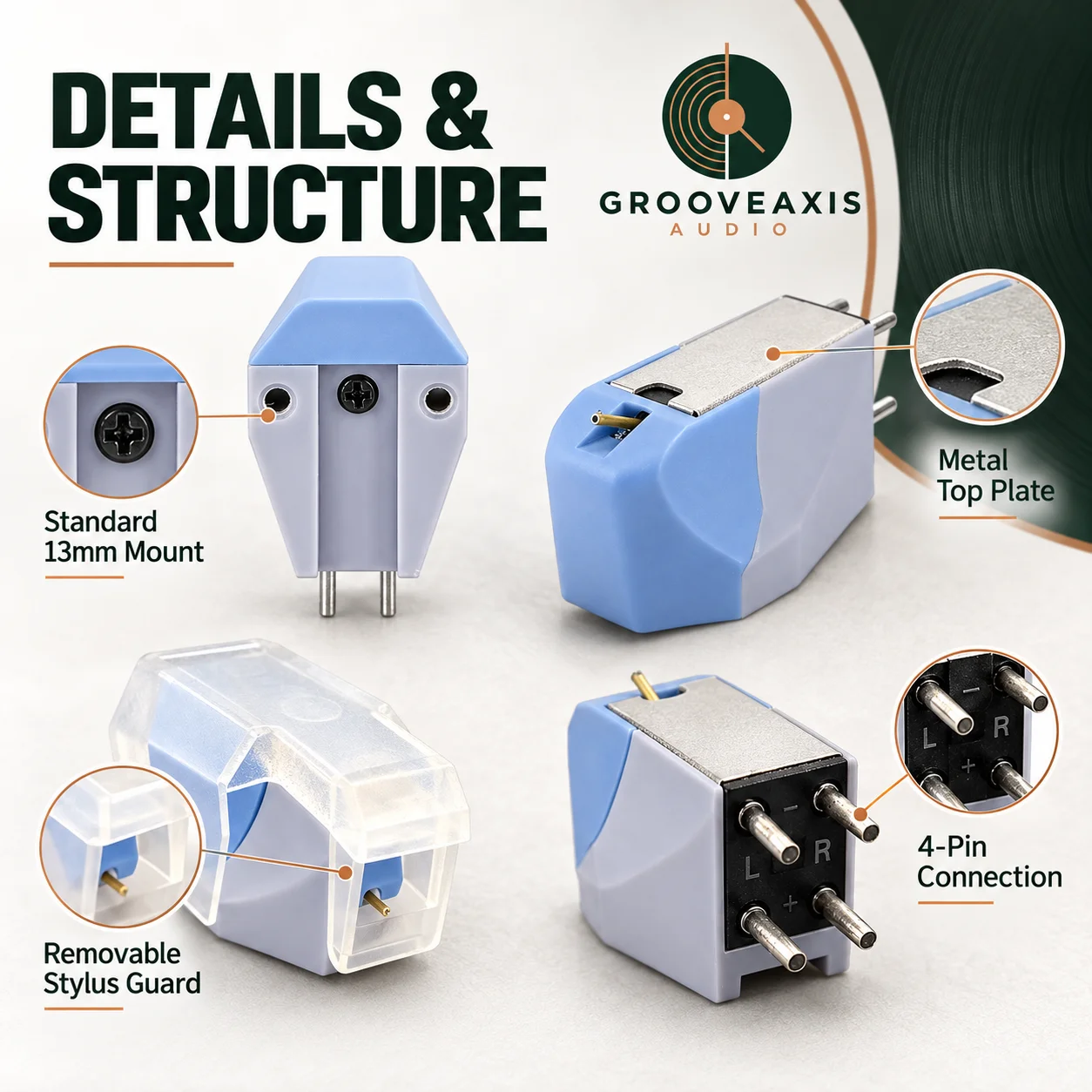 Moving Magnet Stylus GROOVEAXIS 13mm 2.2g Standard Mount Phono Cartridge for Turntable Vinyl LP Playback