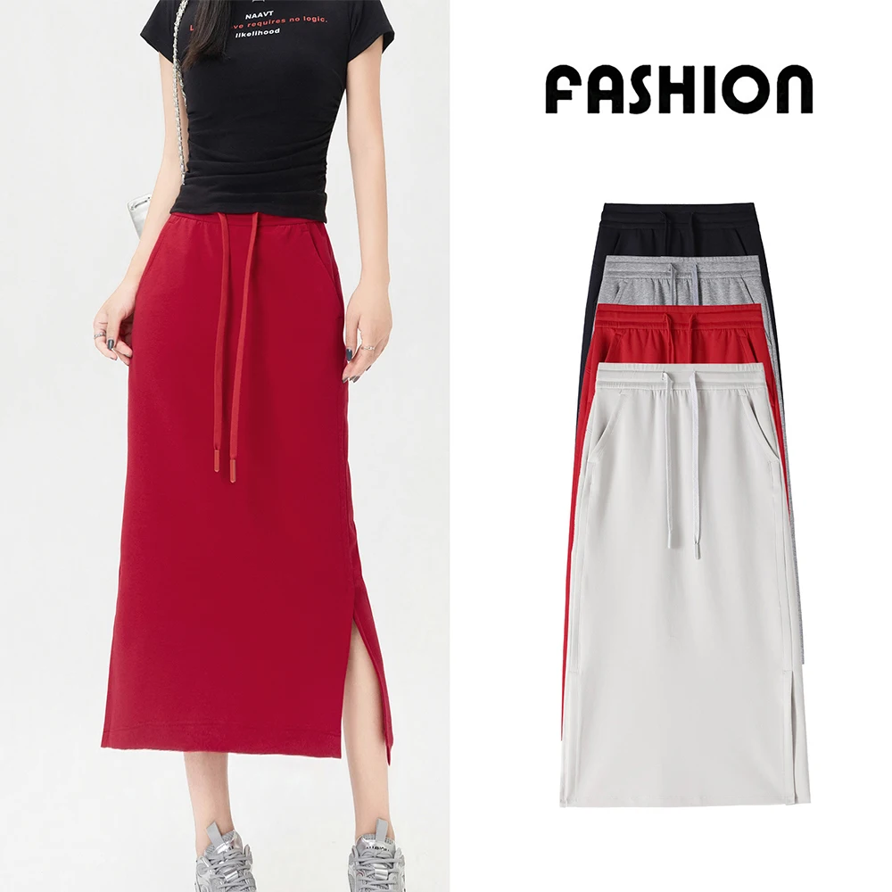 여성용 드로스트링 스플릿 시크 다용도 롱 스커트, 신축성 있는 하이웨이스트 심플 오피스룩 펜슬 스커트 2025 신상품