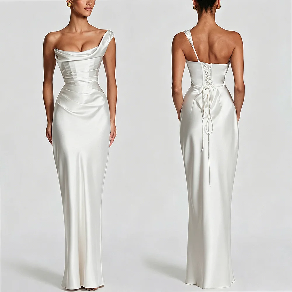 Light Luxury Satin Evening Dress with One Shoulder, Backless Straps, Temperament, Long Dress