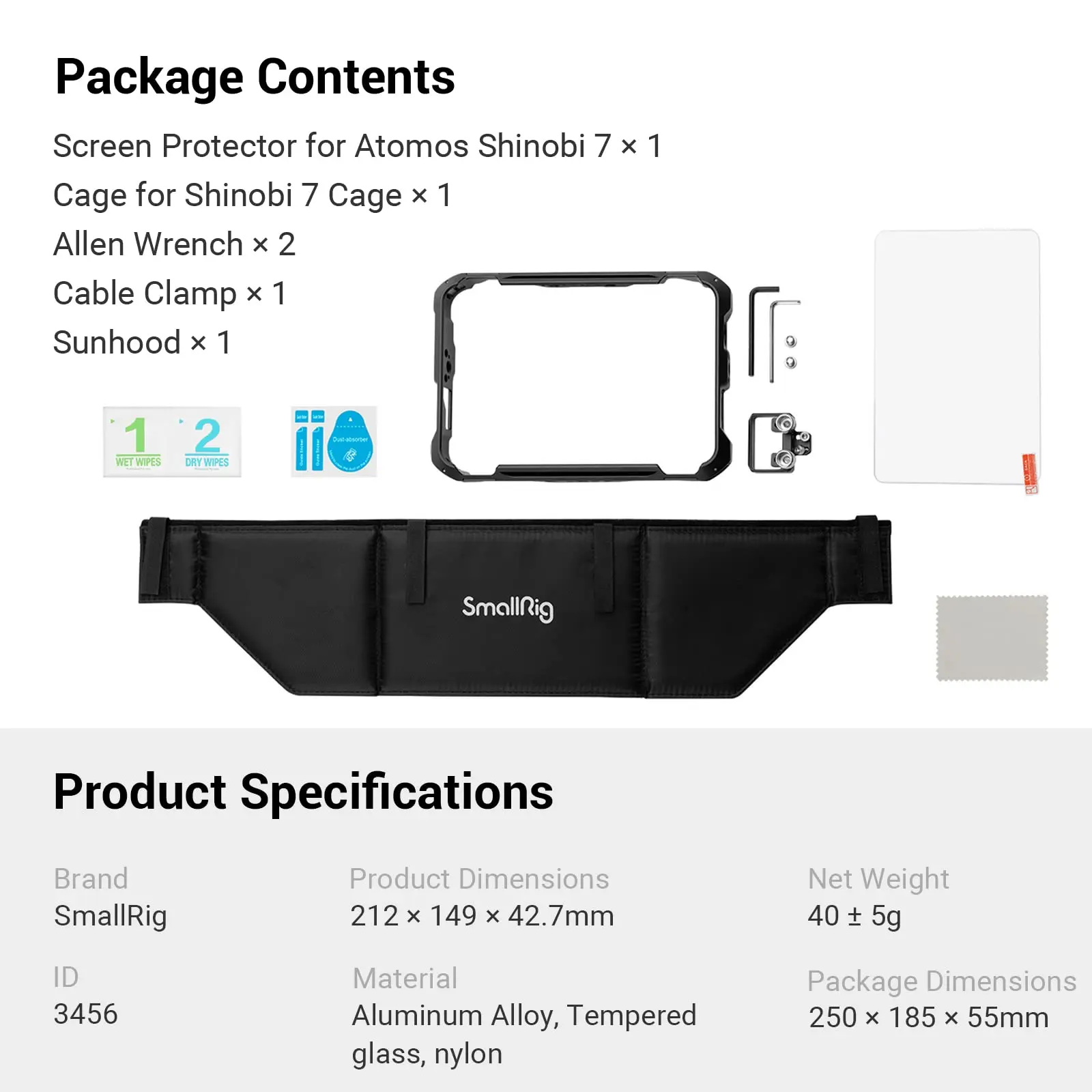 SmallRig Monitor Cage Kit voor Atomos Shinobi 7-kooiset met kabelklem, ingebouwde NATO-rail en zonnekap -3456