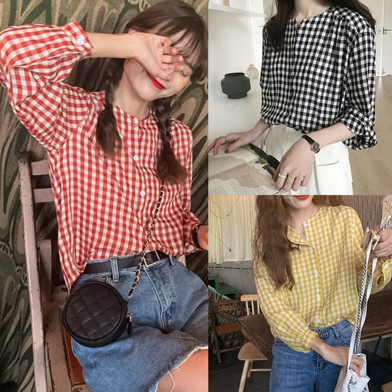 Round Neck Plaid Women Shirt Female Loose Sweet Casual Long Sleeve Shirt Fashion Summer Sun Protection Jacket For Lady