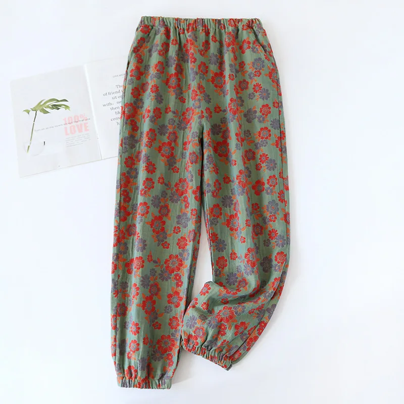 2024 Primavera/Estate delle nuove donne pantaloni da notte 100% cotone jacquard carino e fresco fiore pantaloni allentati chiusura pantaloni a casa