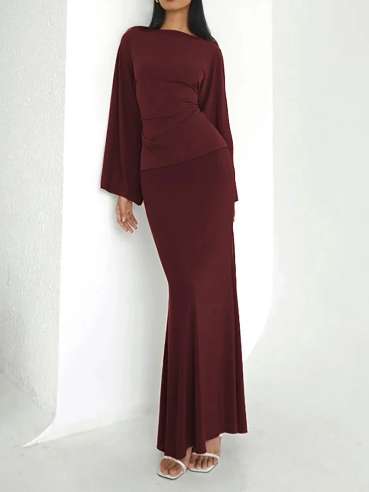 

Daily comfortable long sleeved fishtail half skirt casual set home loose autumn new style solid color skirt set