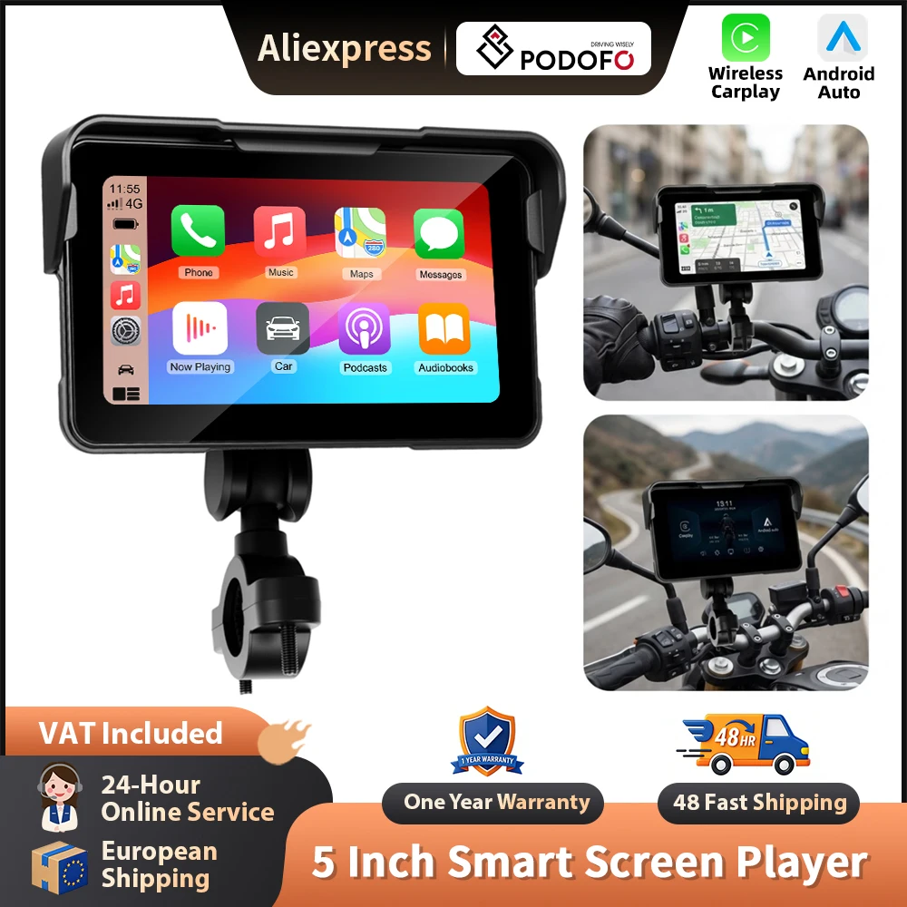 Podofo 5-Zoll Wireless Carplay Android Auto Motorrad-Navigator GPS IP68 Wasserdichter Druckmesser Motorrad-Display-Player