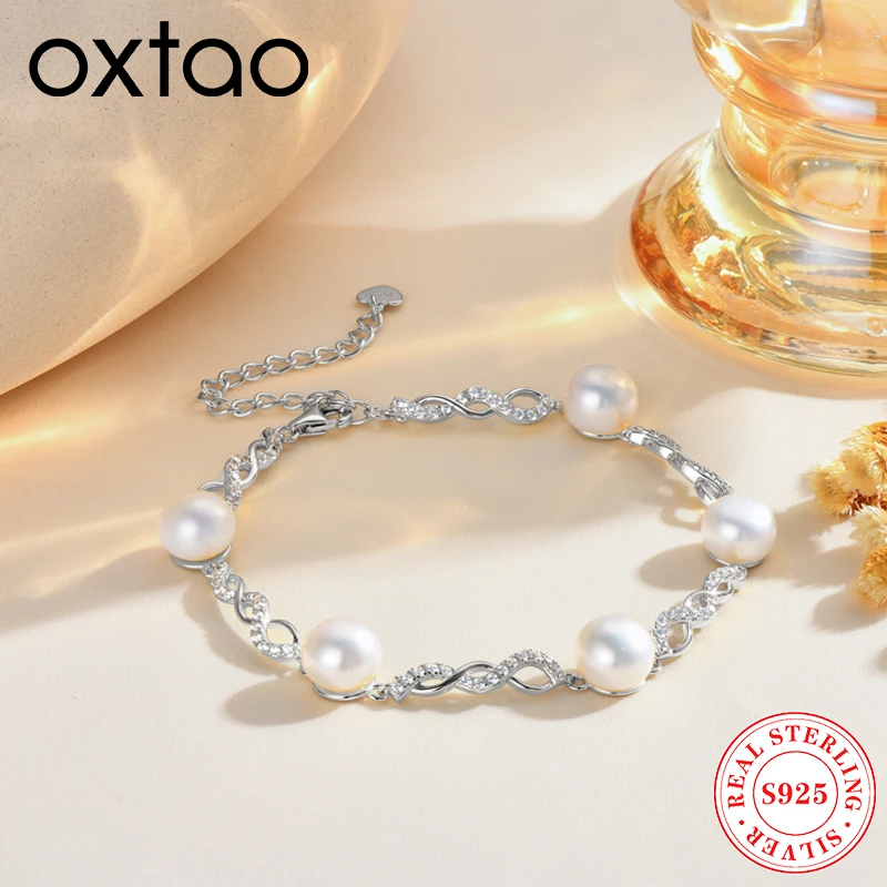 

OXTAO настоящее серебро 925 пробы 8 мм натуральный белый пресноводный жемчуг браслет циркон регулируемая цепочка юбилейные ювелирные изделия подарки для женщин