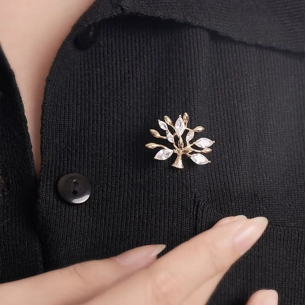 Korean Fashion  Exquisite Inlaid Zircon Leaf Tree of Life Brooches for Women Wedding Party Brooch image 3