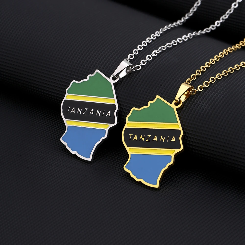 Africa Tanzania Map Flag Pendant Necklace Stainless Steel Gold/Silver Color Men Women Country Map Jewelry Gift