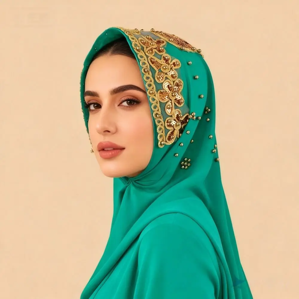 

Luxury Silk Pearl Chiffon Hijab Scarf Gold Beads Long Islamic Turban Thin Embroidery Sequin Wraps Shawl Party
