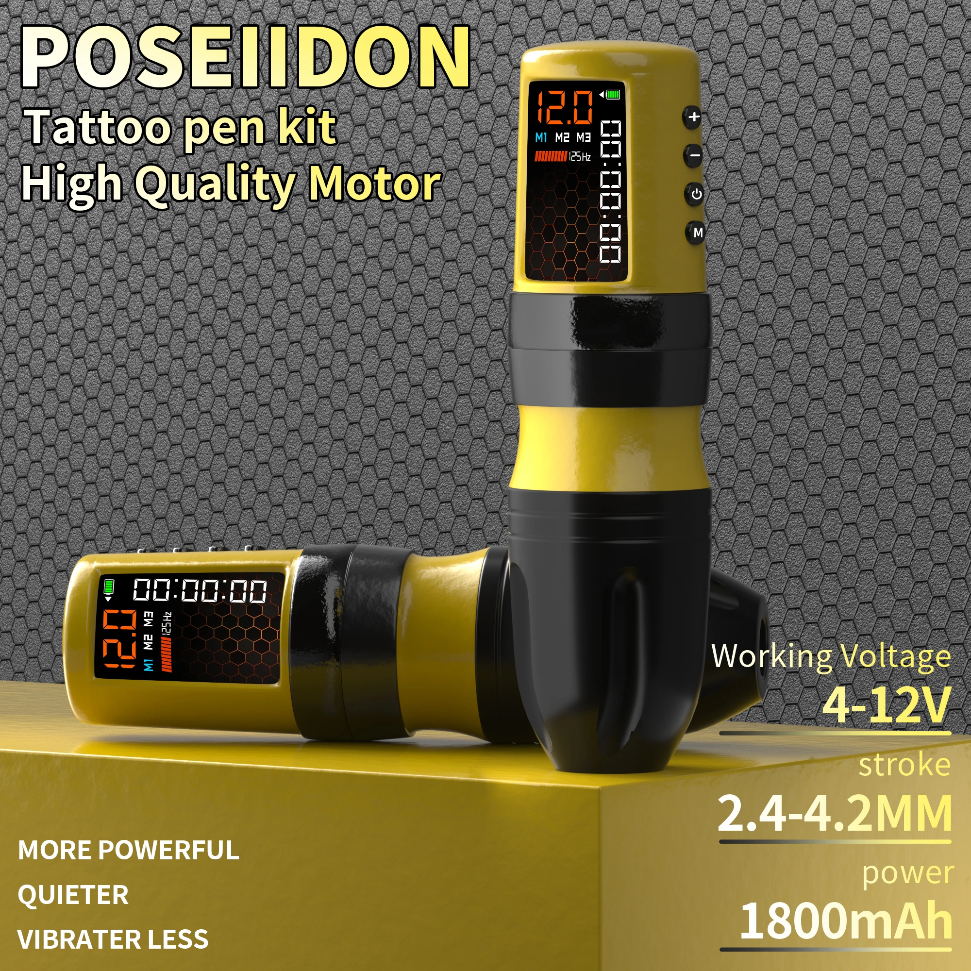 POSEIDON Adjustable Stroke Tattoo Machine Yellow Wirless Tattoo Pen With Powerful Custom Motor For Professional Tattoo Artist