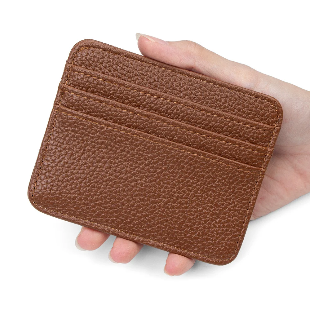 Men's Brown Pebbled PU Leather Card Holder with Multiple Card Slots and Stitched Trim Small Wallet for Daily Travel Essentials