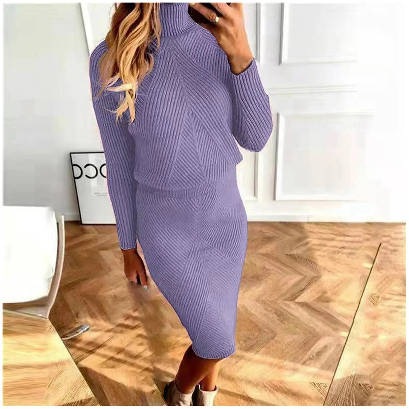 Lady Autumn Sweater Skirt Suit Women Knitting Sweater Turtleneck Solid Color Crop Top Pullover Sweater Slim Skirt Two-Piece Set