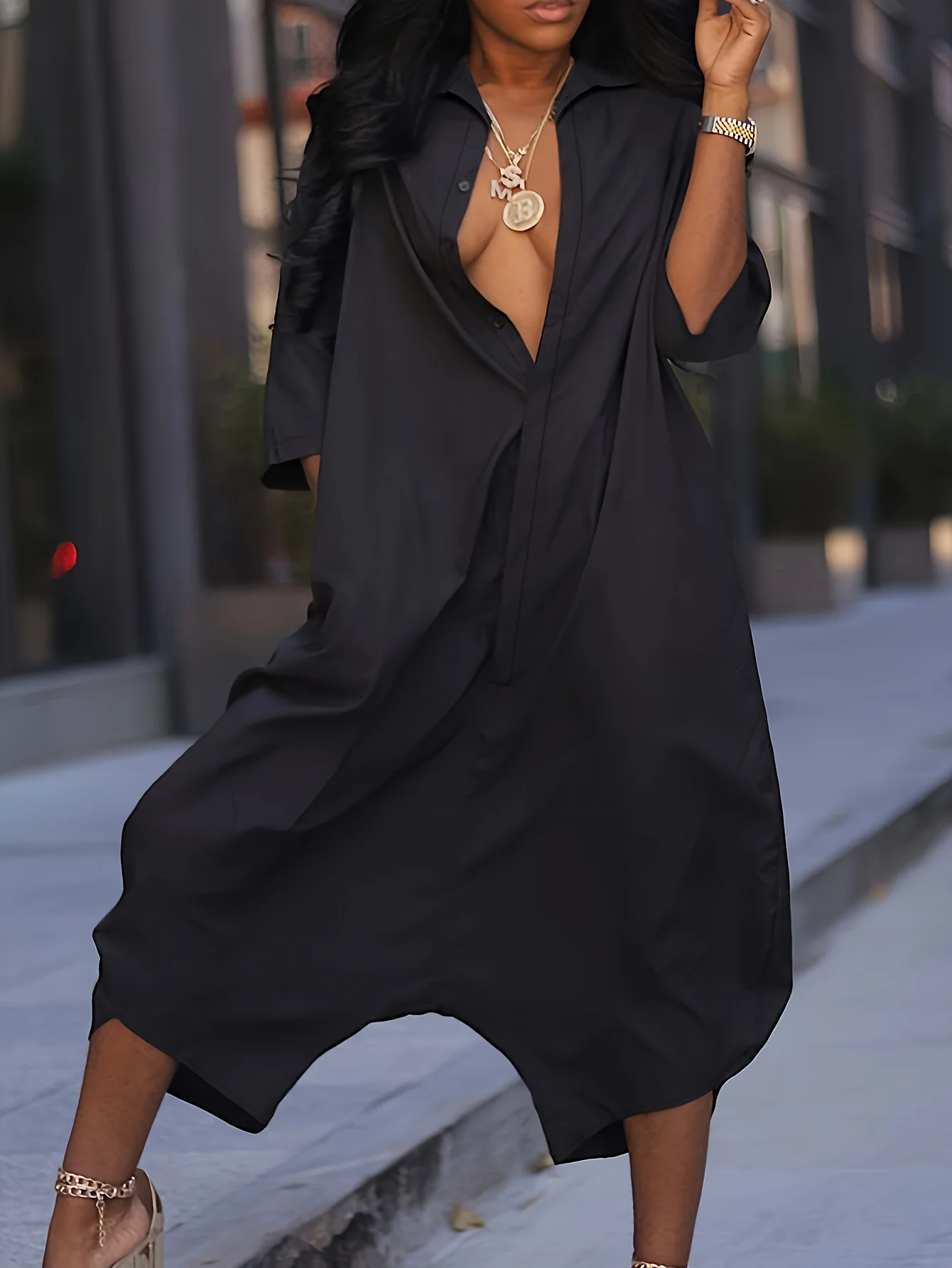 

Casual Solid Color Pocket Button Collared Loose-Fit Jumpsuit