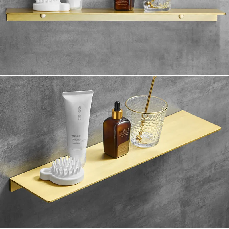 Brushed Gold Metal Bathroom Shelf Wall Storage Rack Washstand Drilling Large Wall Shelf for Storage 30/40/50/60cm Length Holder