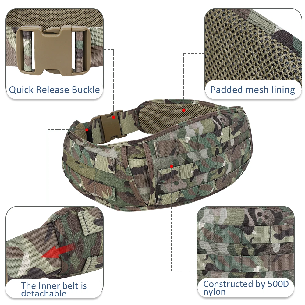 KRYDEX Tactical Belt Quick Release Battle Men Belt Molle Soft Wide Padded Waist Outer Shooting Gun Combat Belt With Inner Belt