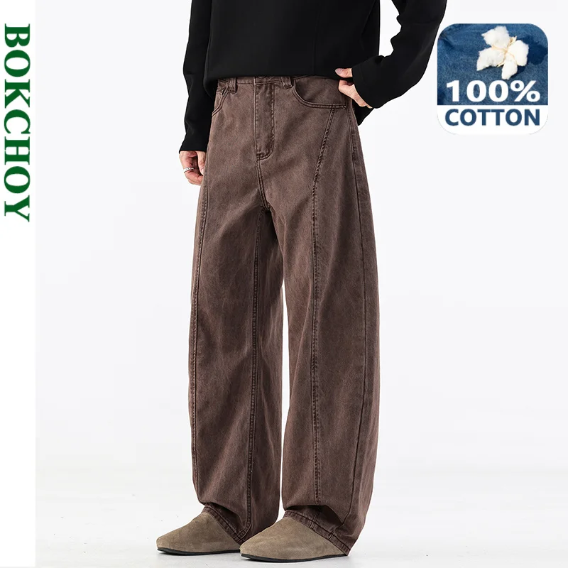 2026 Autumn New Vintage Washed Straight 100% Cotton Jeans for Men Clothing Comfort Zipper Fly Wide-leg Culottes