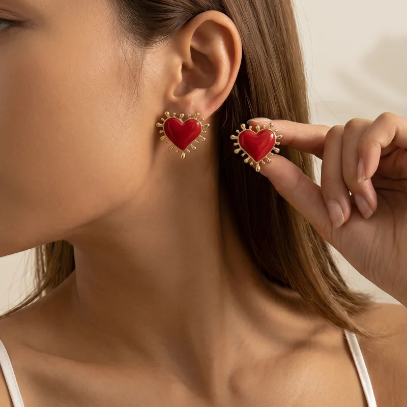 Vintage Red/Black/Pink Enamel Sunburst Heart Stud Earrings Romantic Sweet Jewelry For Women Dating & Wedding Daily Outfit