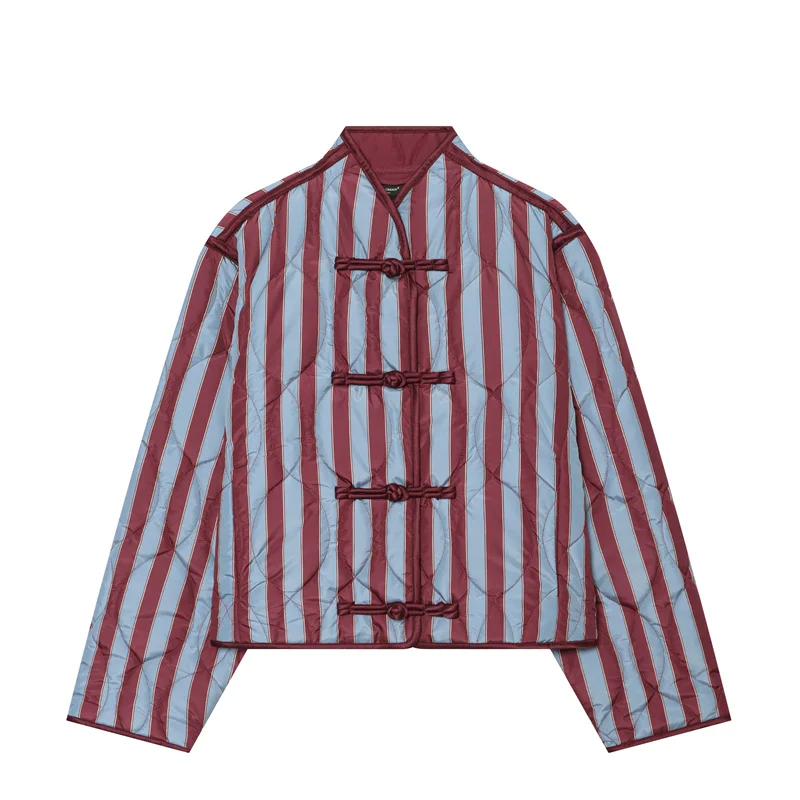 Guobioziy 2026 Autumn Classic Red Blue Stripe Quilted Jacket Women Frog Button Padded Coat Vintage Style For Holiday Season