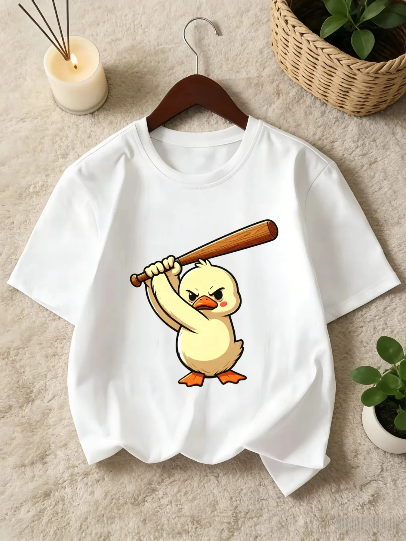Cartoon Grumpy Duck Baseball Bat Print T Shirt Children Lovely Duck Sports Pattern Short Sleeve Everyday Top
