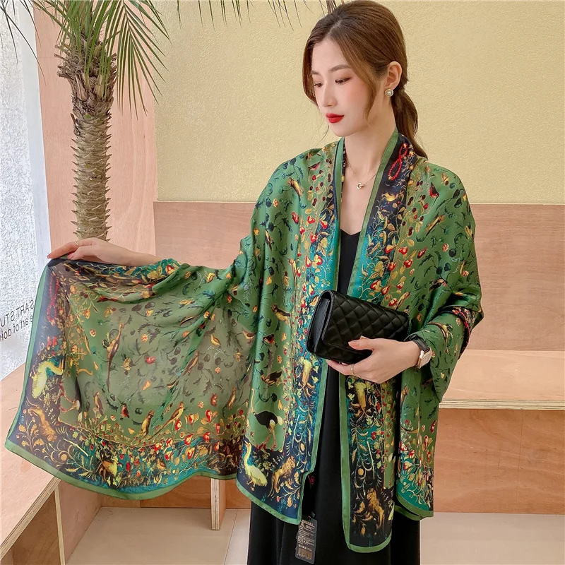 Army Green Luxury Silk Scarf Women Spring Printed Bird Shawls Wraps Lady Soft Bandana Foulard Summer Pareo Stole Long Cover-ups