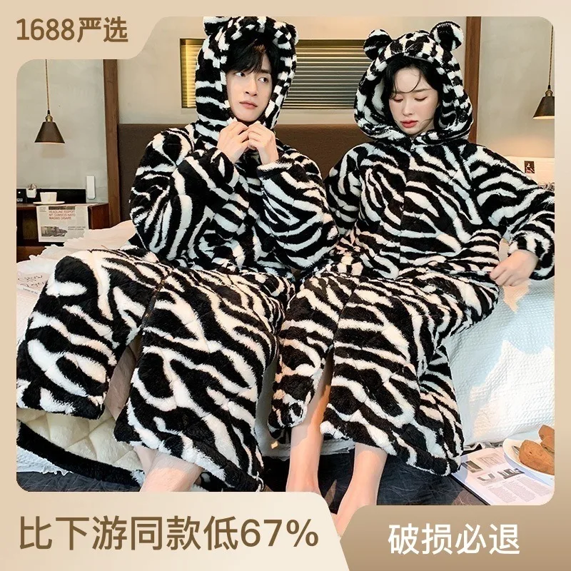 

Thick Winter Sleepwear Femme Nightgown Flannel Leopard Print Nightwear 3-layer Quilted Keep Warm Women's Home Clothes Bath Robe