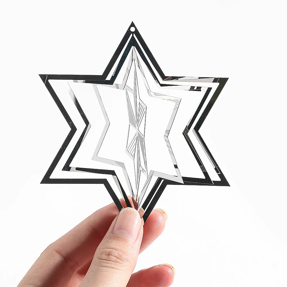 Charm Energy Metatron Hexagram Stars 3D Rotating Metal Pendant Christmas Snowflakes Spinning Sequins Dangle Garden Hanging Decor