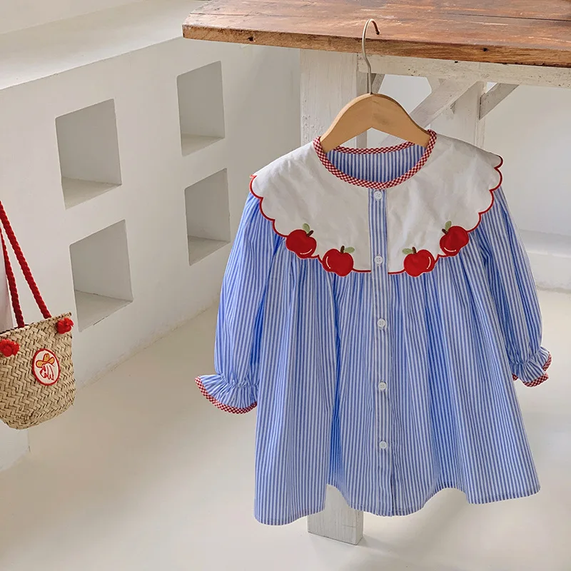 

Kid Girl Long Sleeve Dress Blue White Vertical Stripes White Collar Red Ruffled Trim Red Apple Pattern Children Skirt Summer