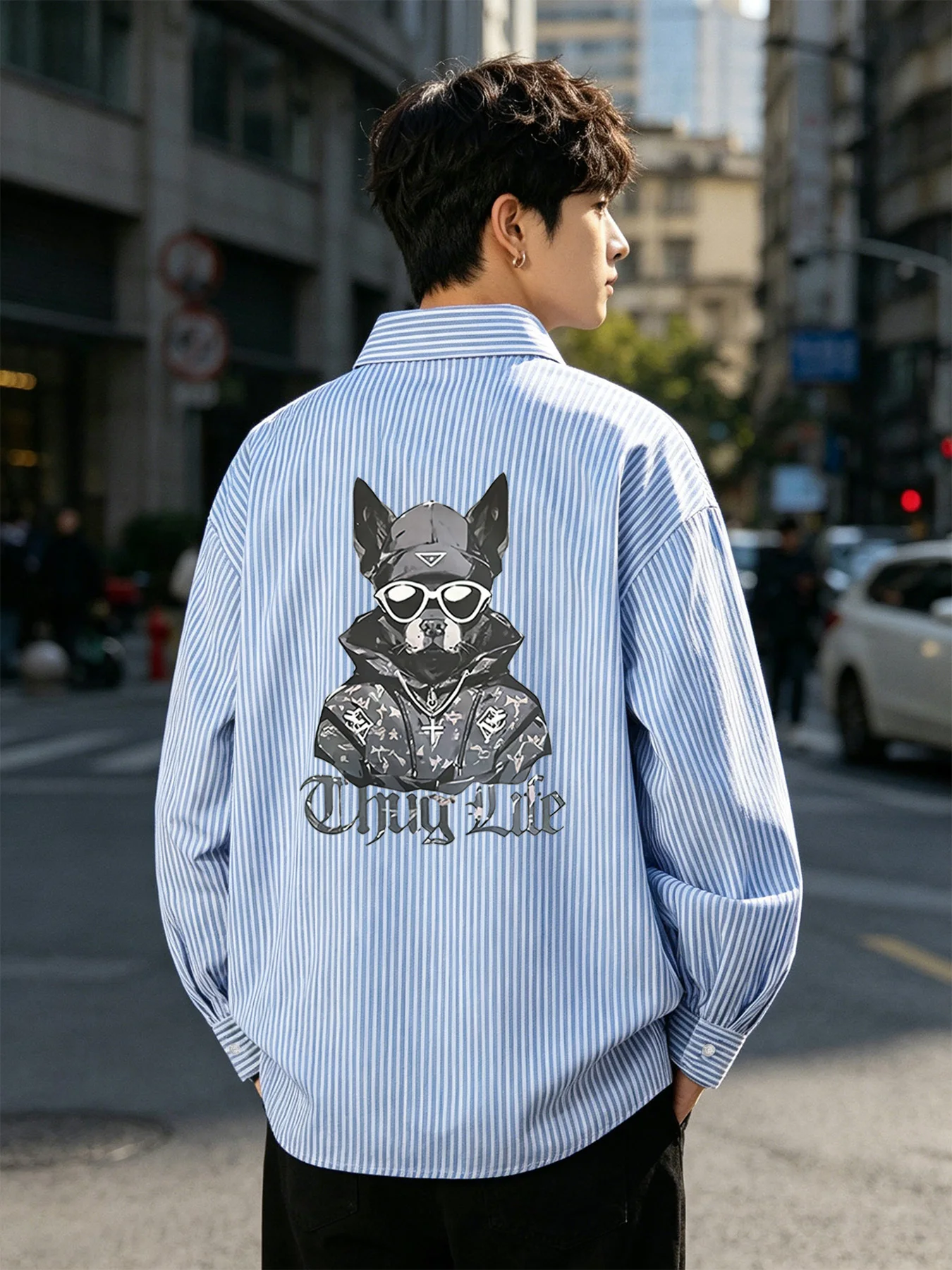 

Spring and autumn new men's fashion cool and personalized cartoon pattern striped long-sleeve casual shirt