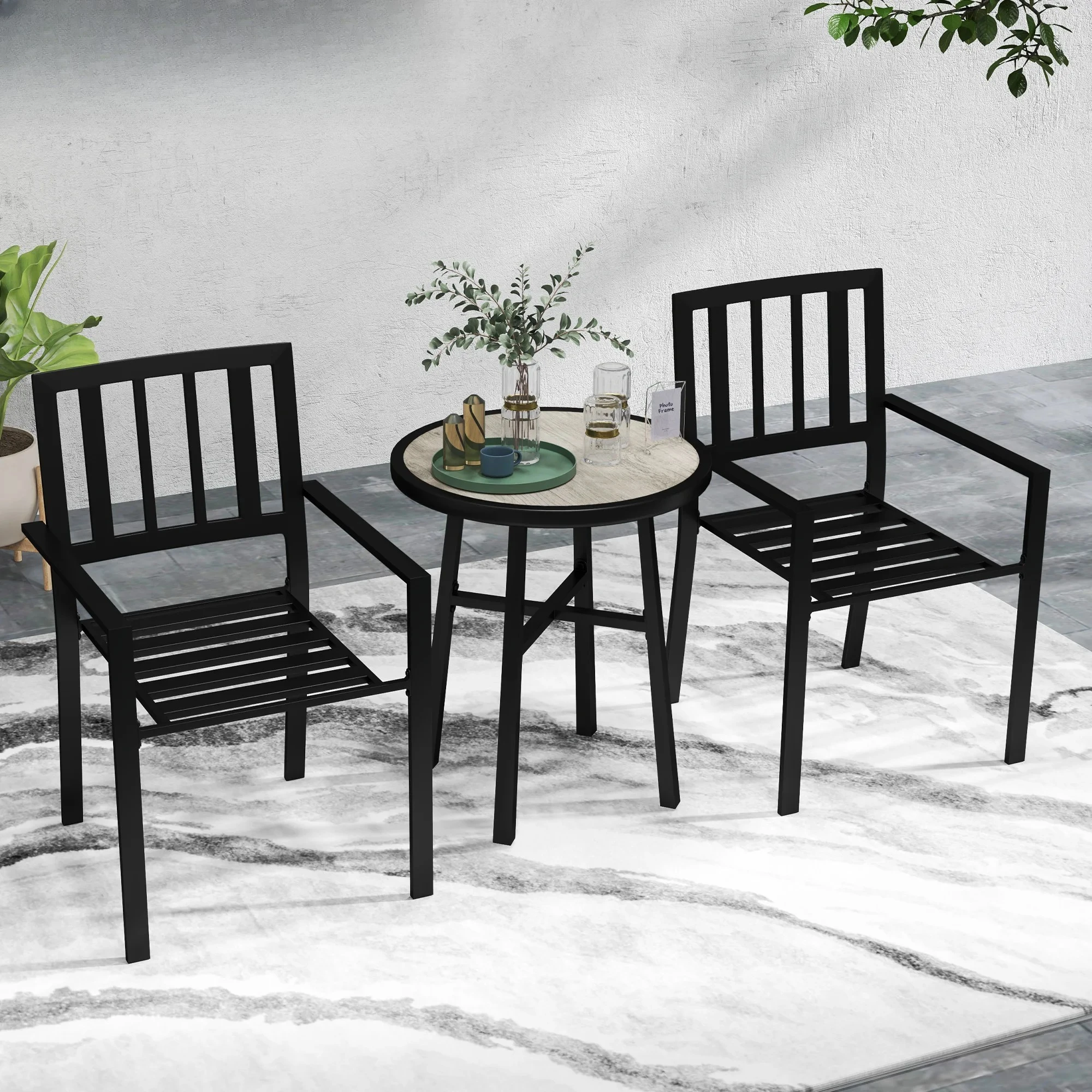 3 Piece Patio Bistro Set, Garden Dining Set with Plastic Top, 2 Stackable Chairs, Galvanised Steel Frame