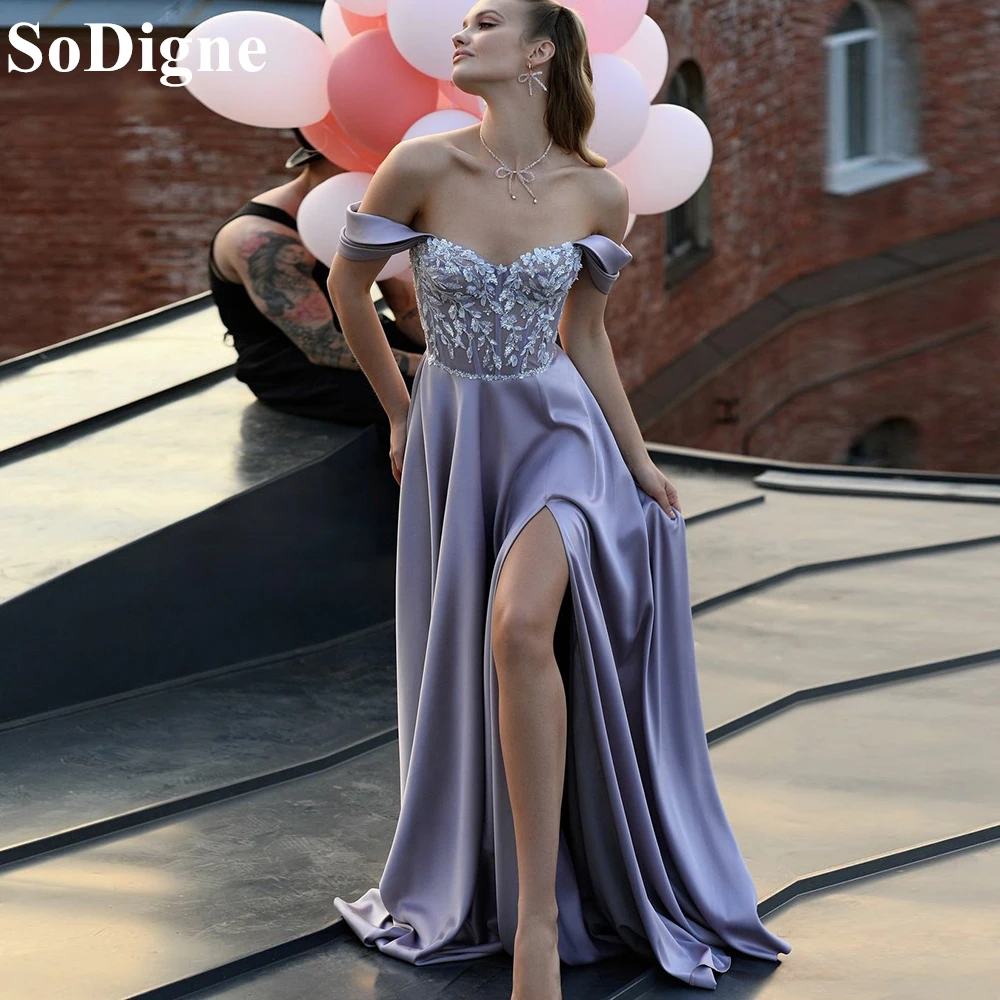 

SoDigne Elegant Lavender Satin Evening Dresses Lace Appliques Off Shoulder Side Slit Party Dress 2024 Formal Prom Gown for Women