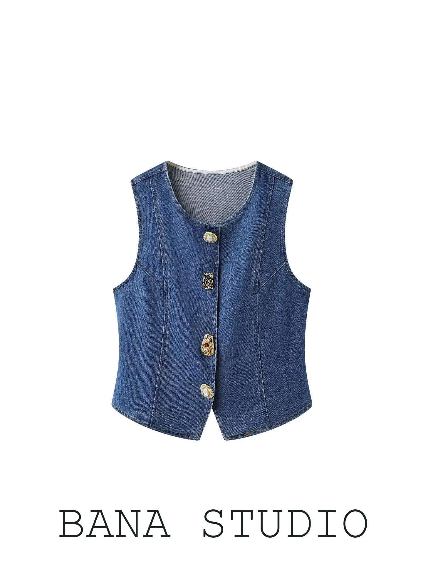 Slim Fit Short Denim Sleeveless Vest Women's Thin Outerwear Tank Top round Neck Single Button Closure Pure Color Summer 2026