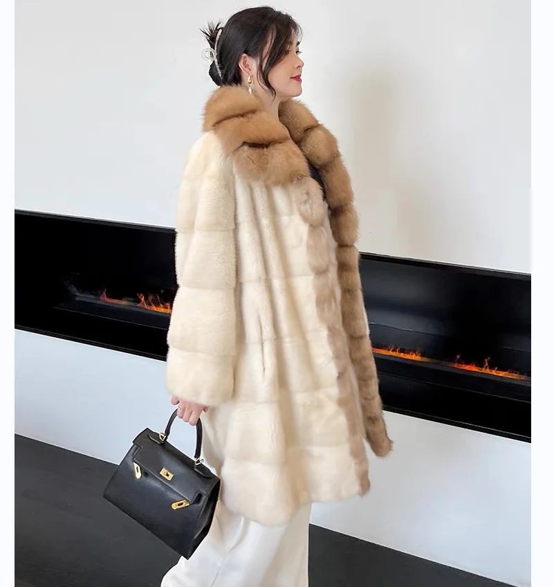 Long Mink Fur Coat for Women, Purple Mink Fur Lapel, 100% Genuine Mink Fur Jacket, European Street Style, Very Warm, 2023